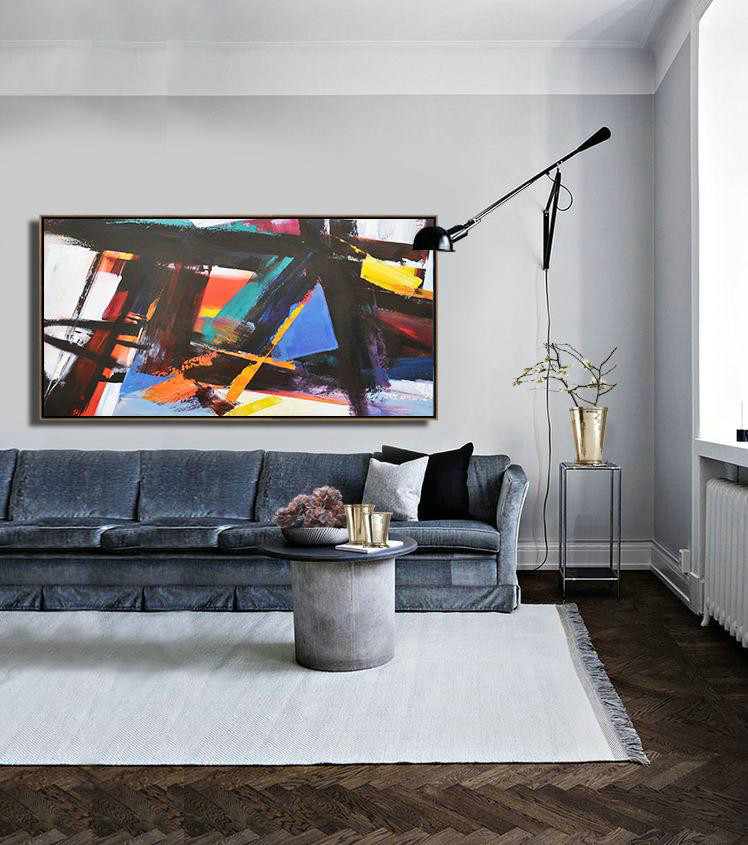 Large Abstract Art Handmade Painting,Horizontal Palette Knife Contemporary Art Panoramic Canvas Painting,Hand Painted Acrylic Painting,White,Black,Yellow,Blue.etc